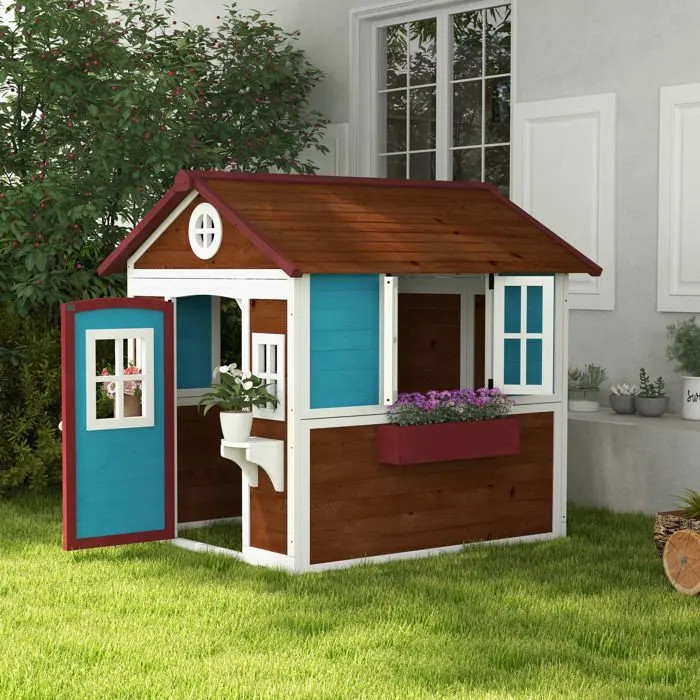 Cabane enfant extérieur - Outsunny - avec porte fenêtres et jardinières - 114 x 126,4 x 135 cm - Marron-2