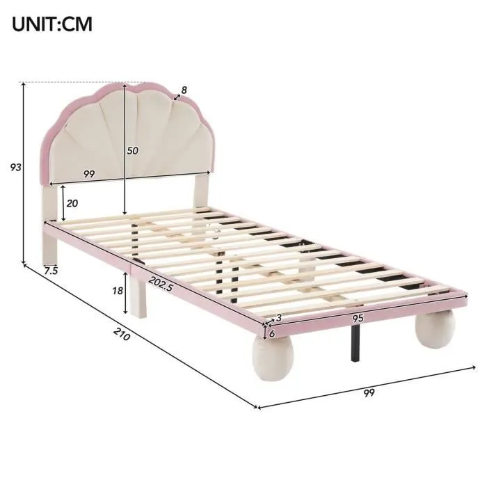 Lit enfant 90x200cm, lit rembourré avec LED, tête de lit en forme de coquille, sommier à lattes, tissu en velours, beige + rose-3
