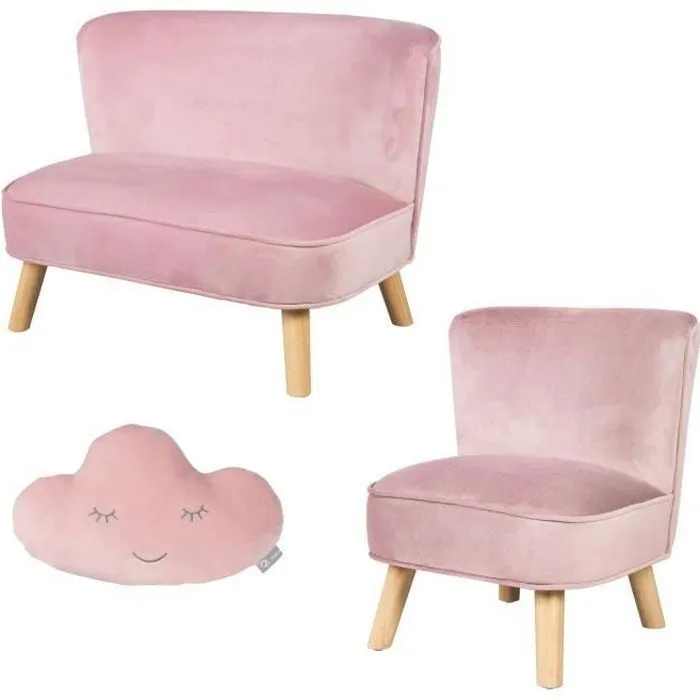 ROBA Canapé et Fauteuil Enfant Lil Sofa + Coussin Décoratif Nuage - Ensemble en Velours - Rose/mauve-0