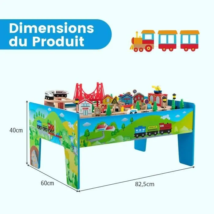 COSTWAY Circuit Voiture Enfant - 80 Accessoires avec Table, Plateau Réversible 2 en 1, Train en Bois pour 3 Ans+, Multicolore-3