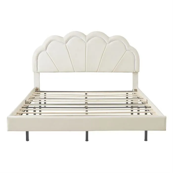 Lit double 140x200cm en velours avec lampes LED pour enfant et adolescents avec sommier à lattes et tête de lit couronne - Blanc-3