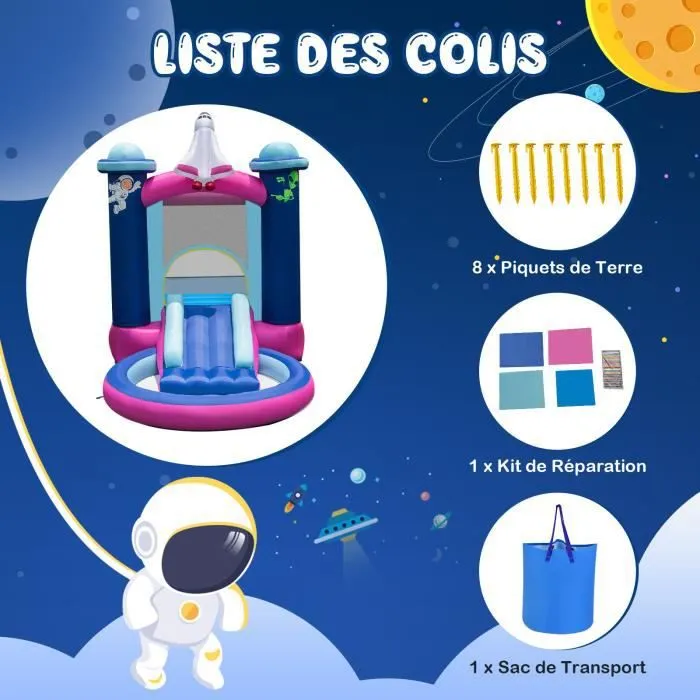 COSTWAY Toboggan Aquatique Gonflable Thème de l'Espace avec Piscine à Eclaboussures,Toboggan Sac de Transport,Piquets sans Gonfleur-3