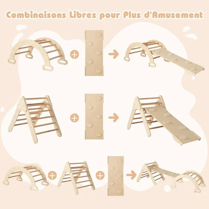 7 en 1 Triangle d'Escalade COSTWAY avec Toboggan/Arche/Rampe - Échelle Réglable, Charge 50KG, pour Bébé 1 Ans+ Naturel-2