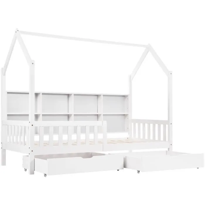 Lit cabane 90 x 200 cm pour enfant ou bébé avec étagère de rangement bibliothèque et 2 tiroirs, Sommier à lattes inlcus, Blanc-2