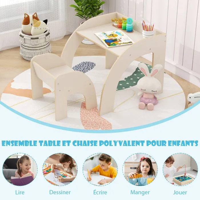 COSTWAY Table et Chaise d'Activité pour Enfants 3+ Ans avec Grand Plateau, Bords Arrondis pour Crèche, Salle de Jeu, Blanc-4