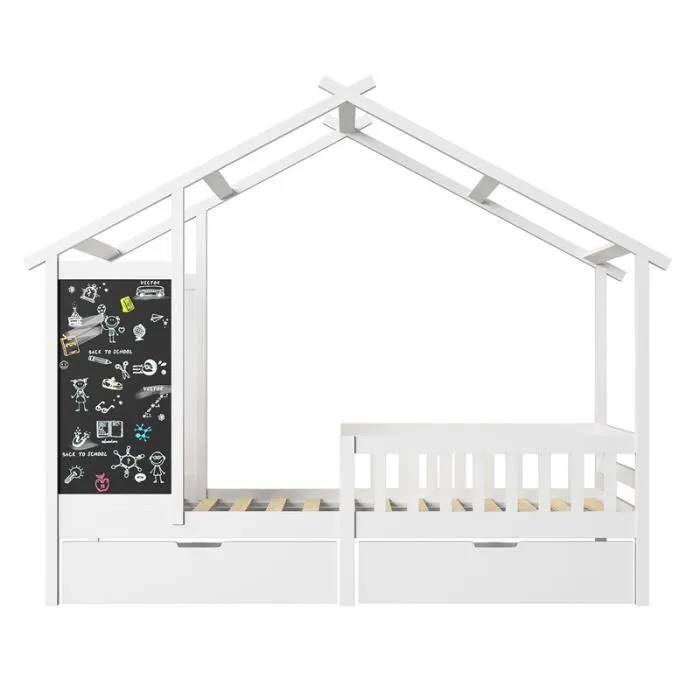 Lit cabane 90x200cm - DREAMMESPACE - Avec toit et tableau noir - 2 tiroirs - Pin massif - Blanc-2