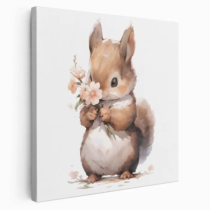 Tableau toile Enfants Carré - Écureuil Fleurs 3617689719917 - 20x20 cm-0