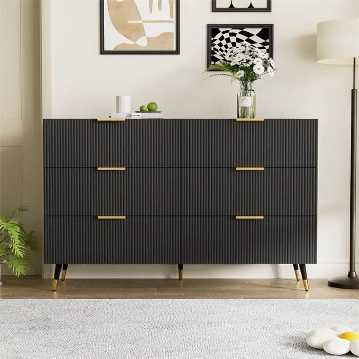 Commode 120x77x40cm - Commode à 6 tiroirs avec poignées dorées, armoire de rangement - élégant au design moderne - Noir-0
