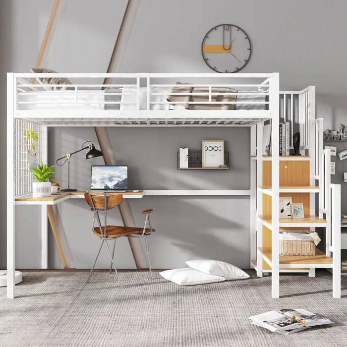 Lit mezzanine - Non spécifié - 90 x 200 cm - Blanc - Échelle latérale - Armoire intégrée-0