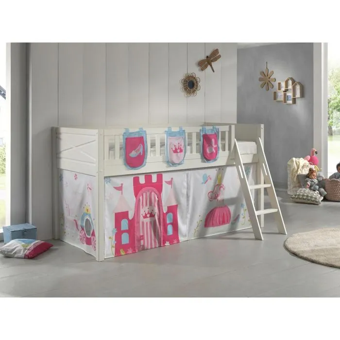 Lit Mezzanine Vipack Scott - Blanc - 90x200 cm - Avec Rideau Princess et 3 Sacs Rangement-1