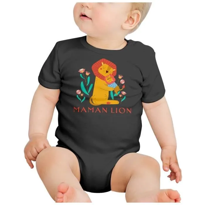 Body Bébé Manche Courte Noir Reine Maman Lion Dessin Illustration Savane-1