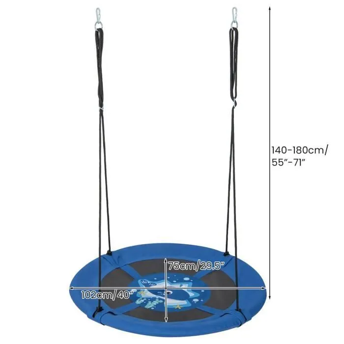 COSTWAY Balançoire Nid d’Oiseau Rond 102cm pour Arbre Enfants-Corde de Suspension Réglable-3 Modes de Fixation-Tissu Oxford-Baleines-3