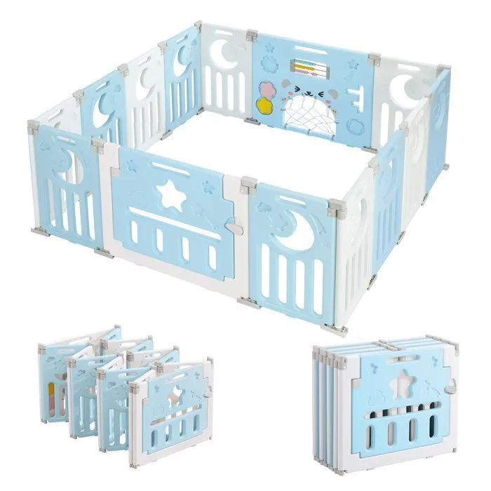 Parc Bebe 12+2 Panneaux, Parc XL Enfant Modulable Avec Verrouillage de Sécurité, Forme Réglable, Pliable,Barriere Bebe, Bleu-0