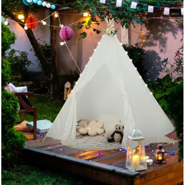 COSTWAY Grande Tipi Tente de Jeu Pour Enfant avec Guirlande de Lumières en Dentelle Romantique de Style Princesse-2