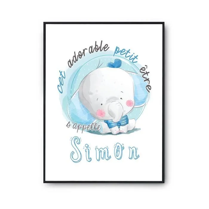Affiche bébé prénom Soan Éléphant | Poster pour chambre bébé et enfant pour décoration murale qualité papier Premium A4-0
