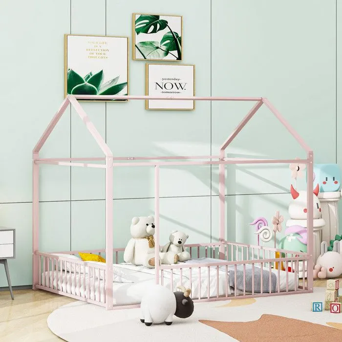 ModernLuxe Lit cabane pour enfant 140x200cm en métal avec barrière - Rose-0