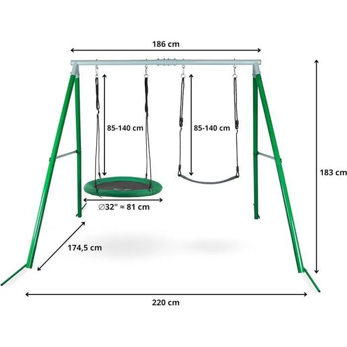 Balançoire Enfants - HyperMotion - Double - Hauteur Réglable - Charge Jusqu'à 200kg - Métal-3