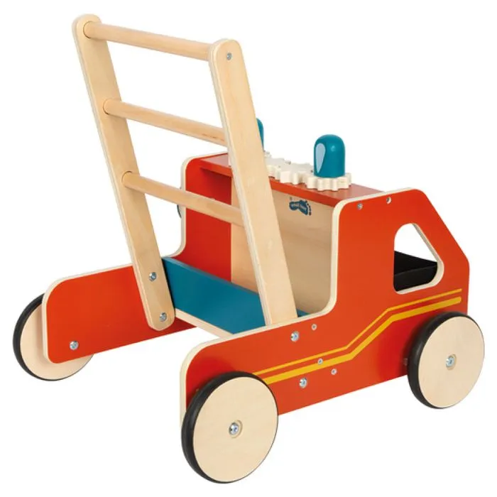 Chariot de marche en bois - Small foot company - Pompiers - 12 mois - Panier en feutre - Freinage intégré-3