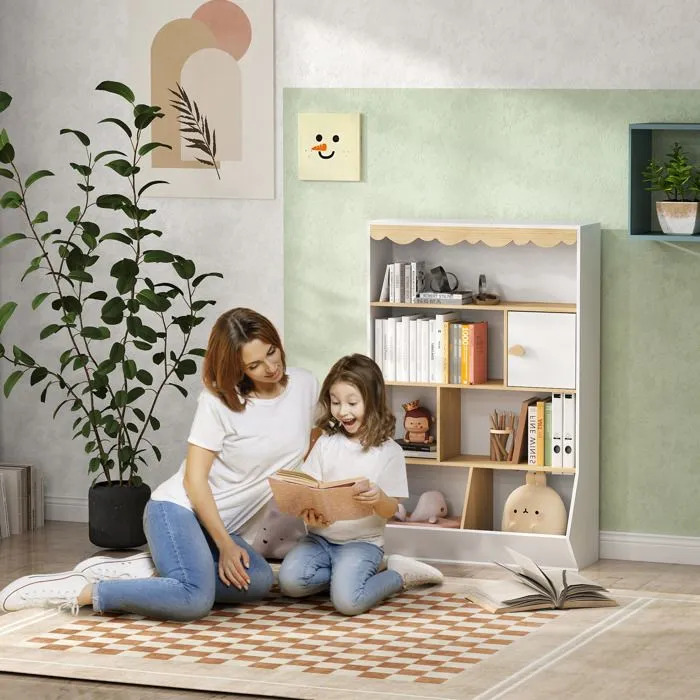 Bibliothèque enfant AIYAPLAY rangement livre enfant meuble de rangement pour jouets avec 4 étagères, 2 casiers et placard, blanc-1
