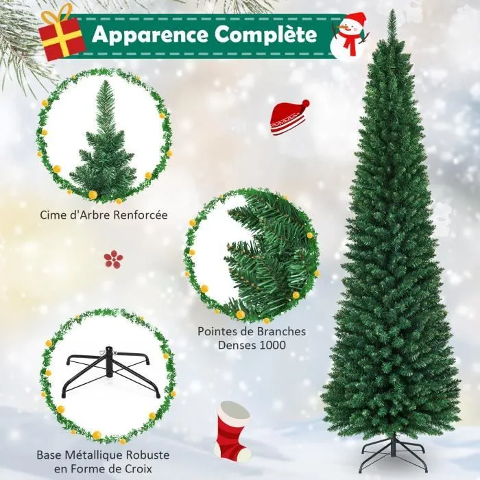 COSTWAY Sapin de Noël Artificiel 240 cm 1000 Branches Support en Métal Solide Aiguilles en PVC Décoration de Fêtes Vert Naturel-1