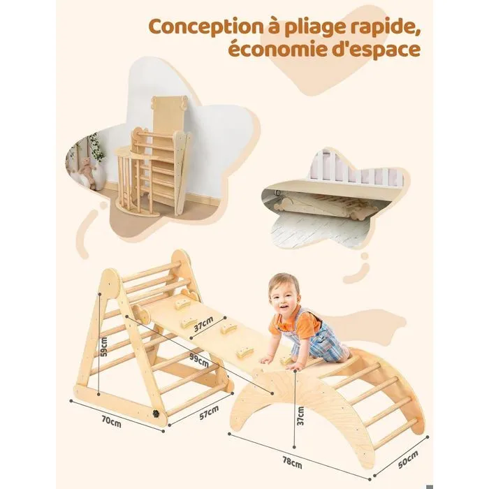 Triangle à Grimper,Cadre à Grimper Pliant Montessori avec Arche de Toboggan, Station de jeux pour Enfants, Bois naturel-5