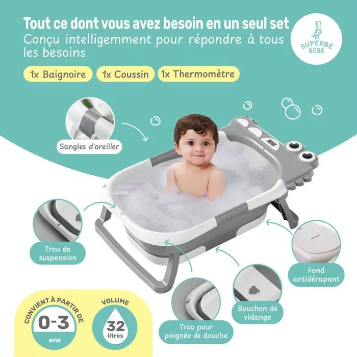 Baignoire bébé pliable - Thermomètre et coussin inclus - DINO - Grey | SUPERBE BEBE-1