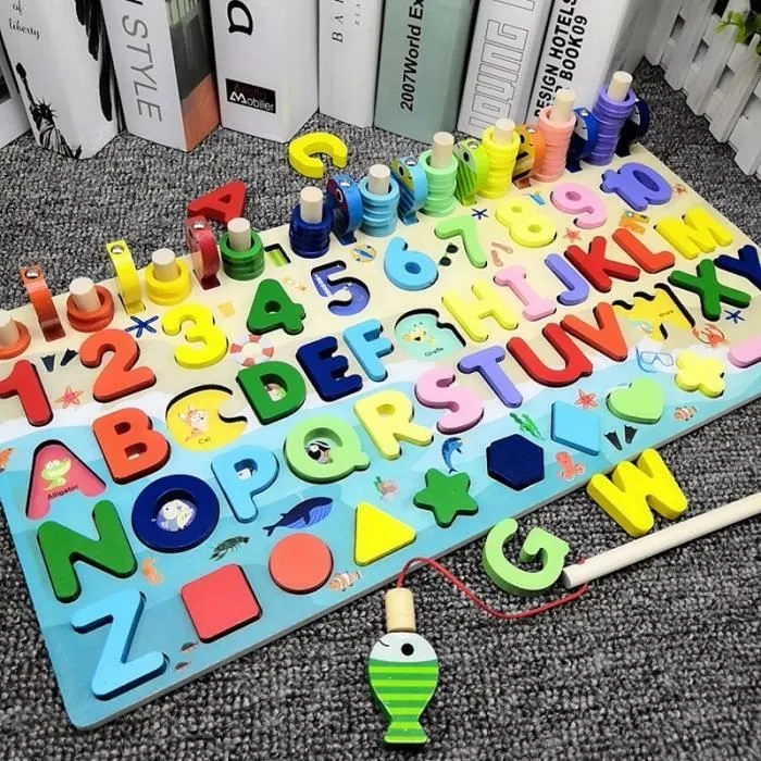 Jeux d'apprentissage,Montessori jouets éducatifs en bois enfants planche occupée maths pêche enfants en - Type Six in one board #D-0