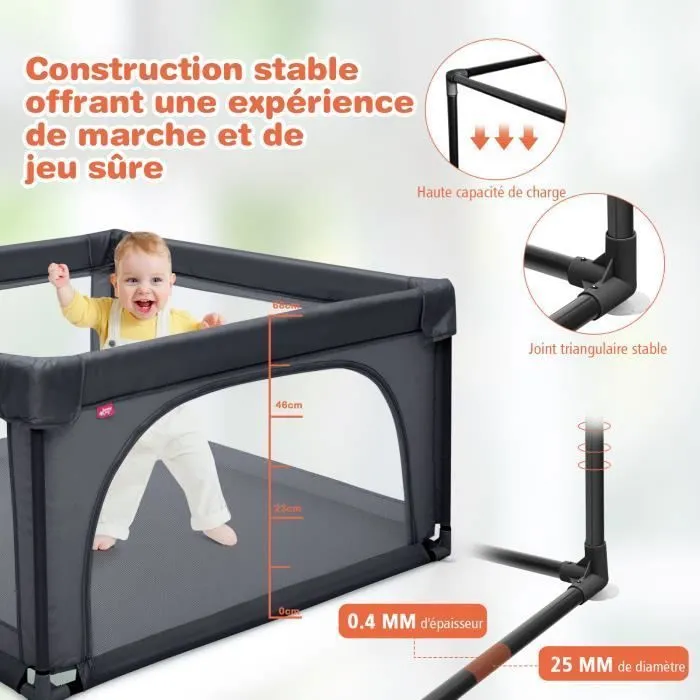 Parc Bébé 126 x 126 x 68 CM COSTWAY-50 Balles Océaniques-Filet Doux-Porte à Glissière-2 Anneaux de Traction-10 mois-6 ans-Gris Foncé-2