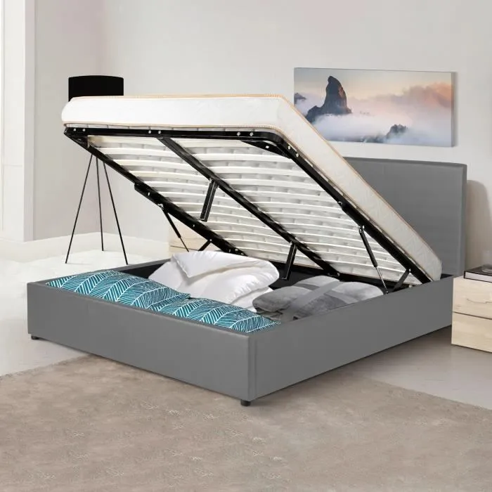 Lit Coffre Majestueux 90x190 Gris Sampur | Sommier à Lattes Inclus | Simili Cuir | Rangement Pratique Space-D | Solide & Durable-1