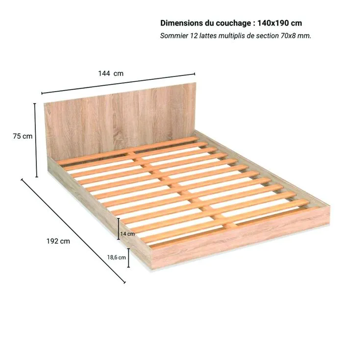 Lit LOFT 140x190 cm + sommier + tête de lit / Chêne blanchi-3