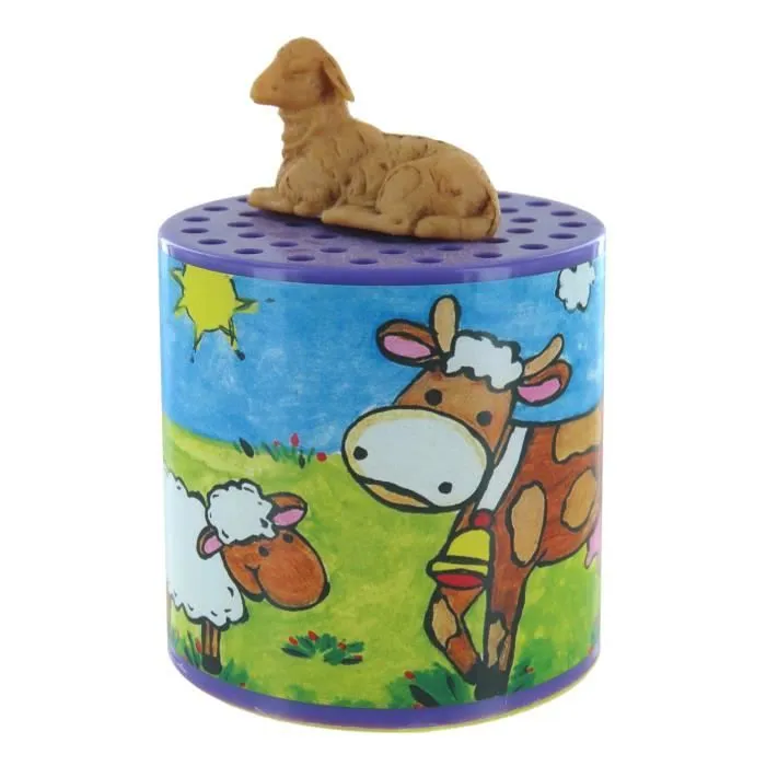 Boîte à meuh ou boîte à mouton pour entendre le cri mécanique (bêêê) d'un mouton avec mouton en résine sur la boîte.-0