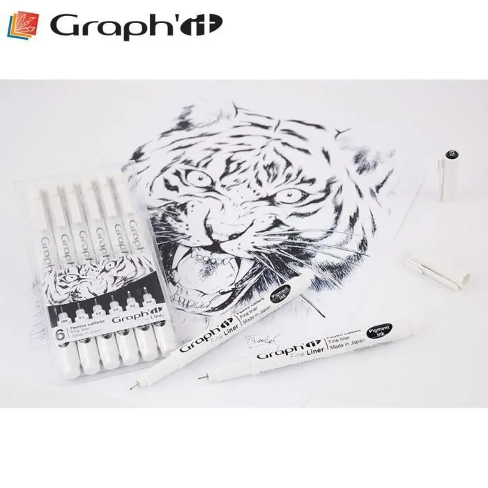 Stylos feutres fine liners - Graph'It - Pochette de 6 - Noir - Calibres variés - Encre pigmentée à base d'eau-0