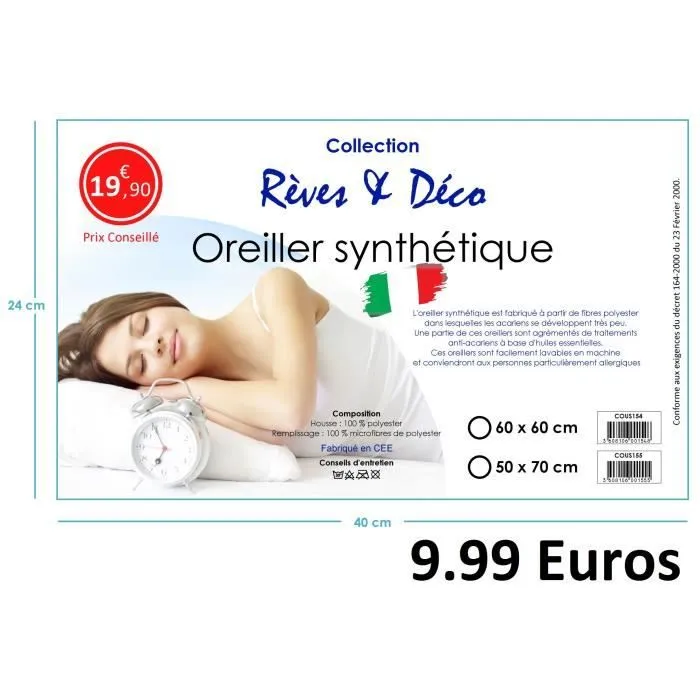 Oreiller anti-acariens - Rèves & Déco - 50 x 70 cm - Fibres polyester - Confort médium - Rectangulaire-0
