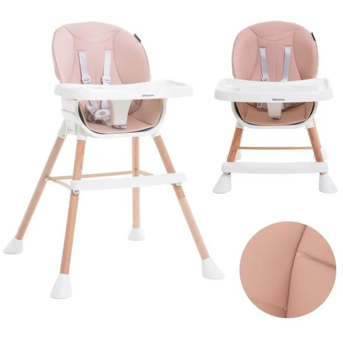 BEBELISSIMO  - Chaise Haute Évolutive en Bois - 3 en 1 – 6 mois jusqu’à 5 ans - réhausseur- rose-0