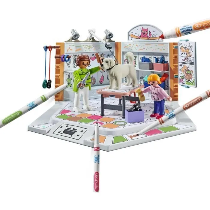 PLAYMOBIL Color 71514 Salon de toilettage, Crayons Crayola pour dessiner sur les personnages, 61 pièces, Dès 5 ans-5