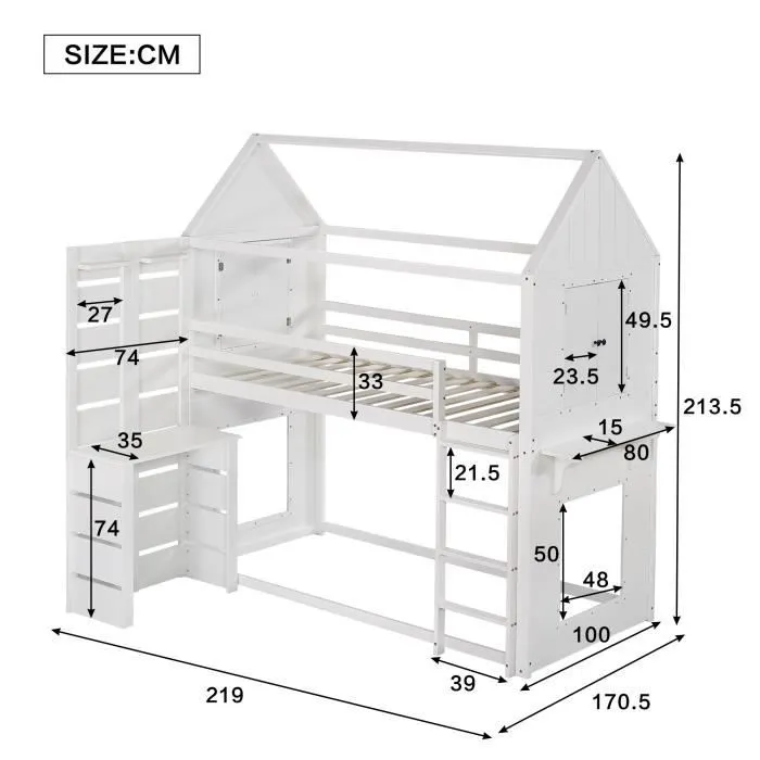 Lit superposé 90x200cm - lit cabane enfant avec 1x sommier à lattes et table, étagère ouverte, 2 fenêtres - pin+MDF, blanc-3