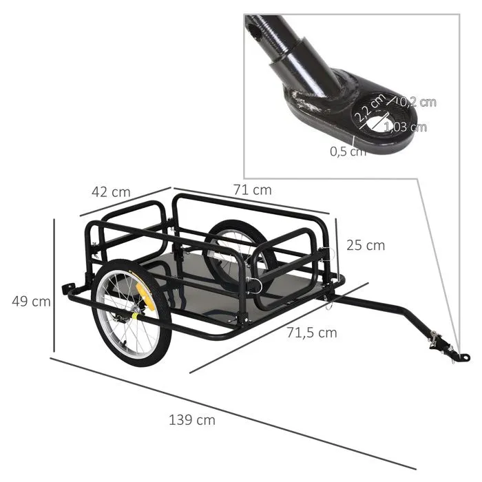 HOMCOM Remorque vélo remorque de transport pour vélo pliable 70L 139L x 71,5l x 49H cm barre d'attelage universelle acier noir-3