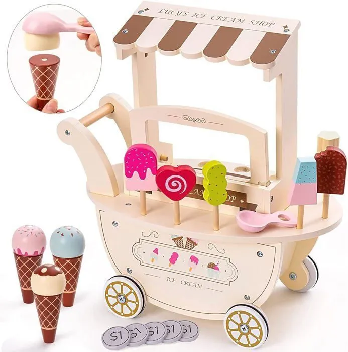 Marchande Enfant en Bois Mamabrum - Marchande Glace sur Roues avec Accessoires, Jouet en bois, Jouet éducatif pour Enfant 3+ans-4