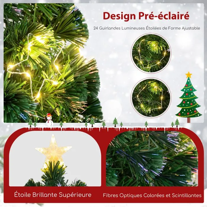 Sapin de Noël Artificiel 150CM COSTWAY-Fibre Optique-24 Lumières Guirlande Lumineuse Blanches Chaudes-Etoile Brillante-170 Pointes-1