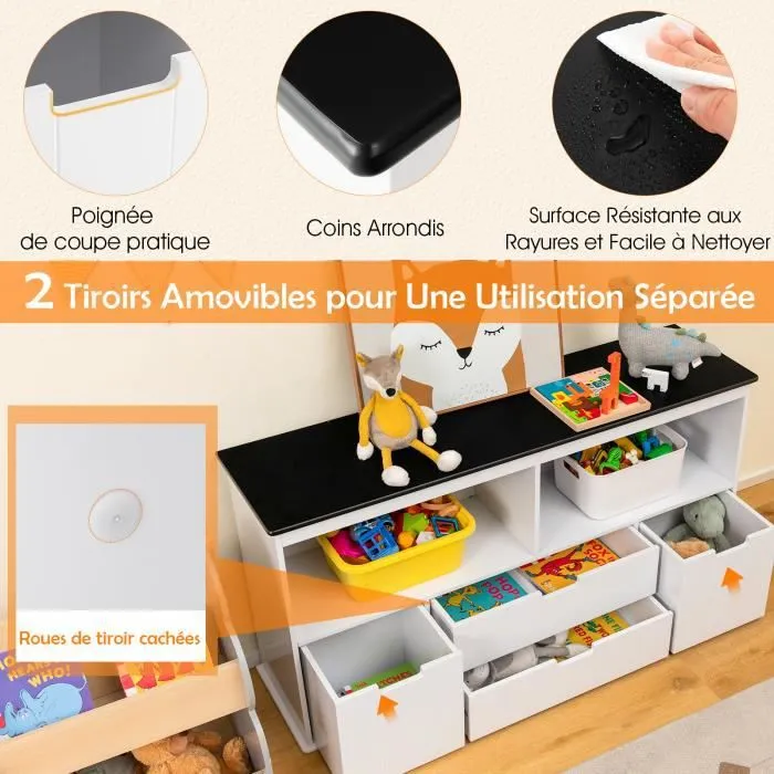 COSTWAY Coffre à Jouets pour Enfant avec Dessus de Tableau Noir, Compartiment Ouvert, 2 Tiroirs et 2 Bacs, pour Chambre d'Enfant-1