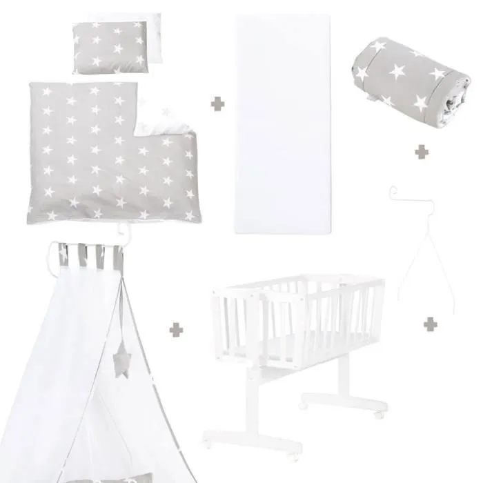 ROBA Berceau Bébé Complet Little Stars à 4 Roues - 40 x 90 cm - avec Equipement Textile - Blanc / Gris-2