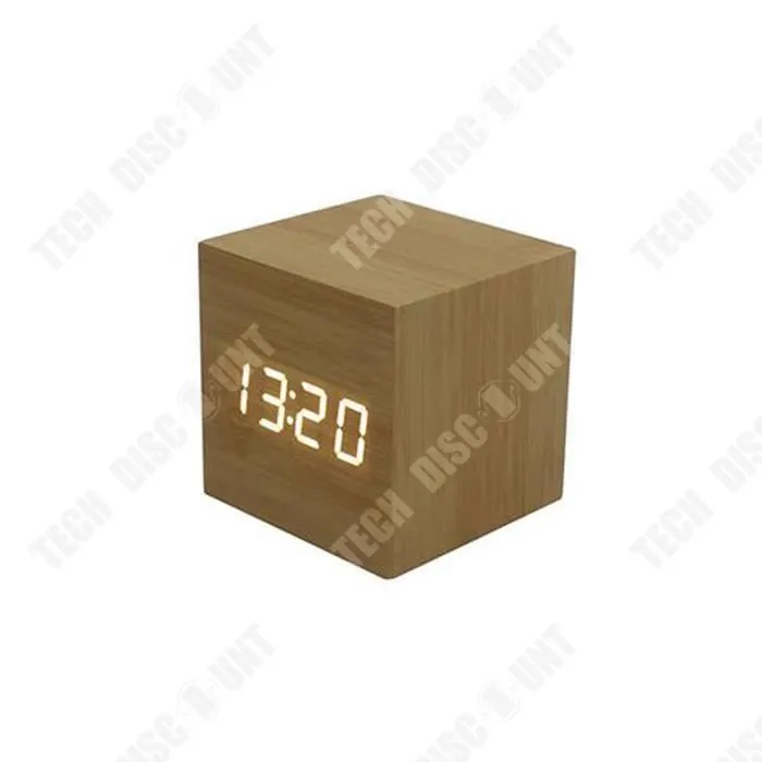 TD® réveil en bois cube numérique led horloge enfant matin lumineux de voyage digital petite thermometre gros chiffres design pas ch-2
