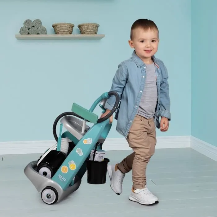 SMOBY - Chariot de ménage + aspirateur électronique avec bruit d'aspiration - 9 Accessoires - Piles Incluses - dès 3 ans-1