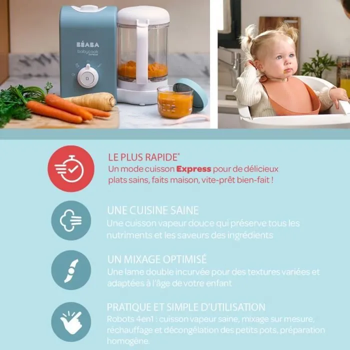 BEABA, Babycook express, robot bébé, 4 en 1 mixeur-cuiseur, bleu baltique-3