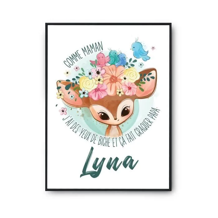 Affiche prénom Lyna Biche | Poster pour chambre bébé et enfant pour décoration murale qualité papier Premium A3-0