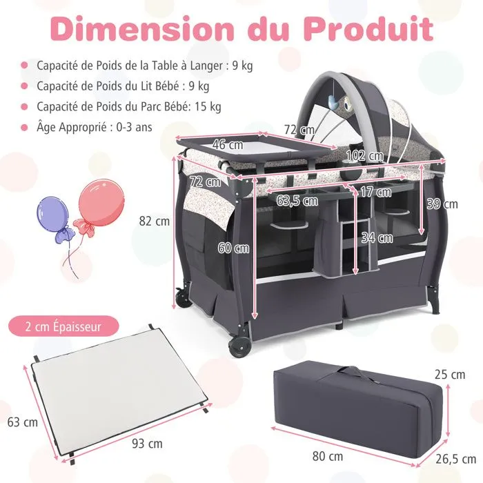 Lit Parapluie Bébé Pliant COSTWAY 4 en 1-avec Matelas,Boîte à Musique,Toit Réglable-Table à Langer Rabattable-3 Ans-Gris Fleuri-2
