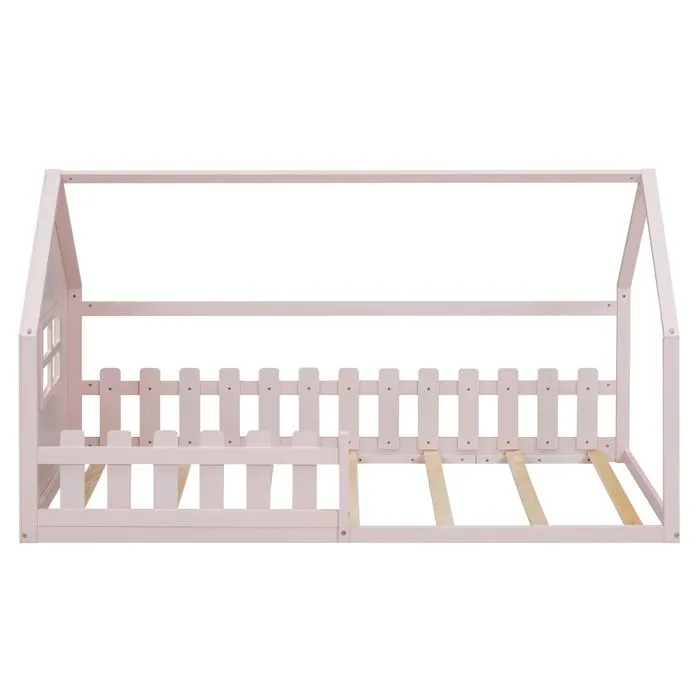 Lit cabane pour enfant 90x200 cm - en forme de maison - en bois de pin et MDF - Rose-2