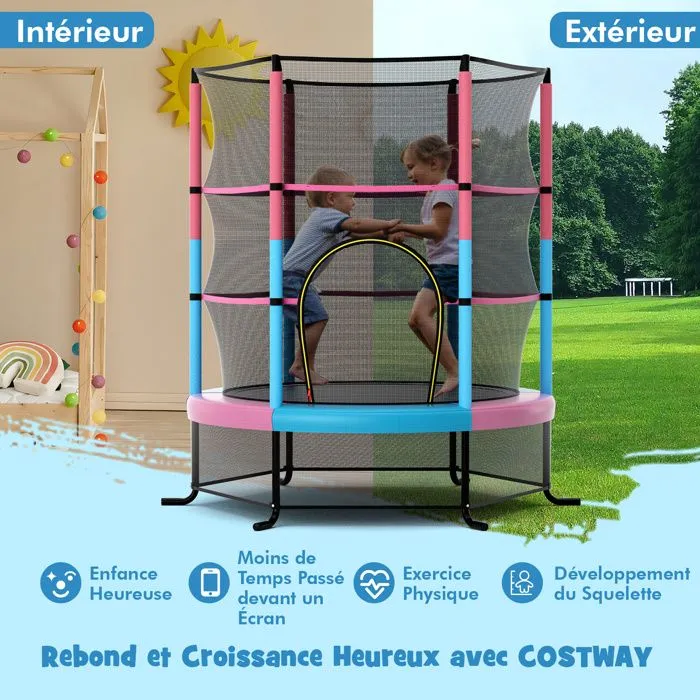 COSTWAY Trampoline de Jardin pour Enfants avec Filet de Protection, Appuis de Ressorts et Structure en Acier, 165x165x191cmMacaron-4
