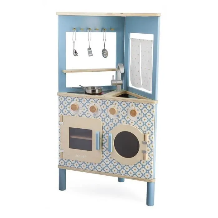 JANOD - Cuisine Trio en Bois - Cuisine d'Angle - Ouvertures sur les 3 Côtés - 5 Accessoires Métal - Dès 3 Ans-0
