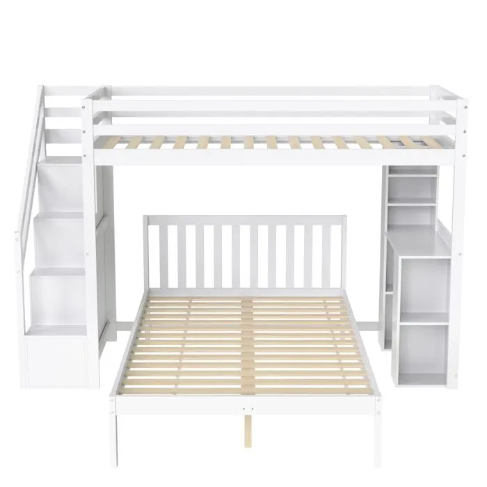 Lit superposé enfant - Blanc - 90x200 cm + 120x200 cm - Bois massif et MDF - Bureau et rangement-2